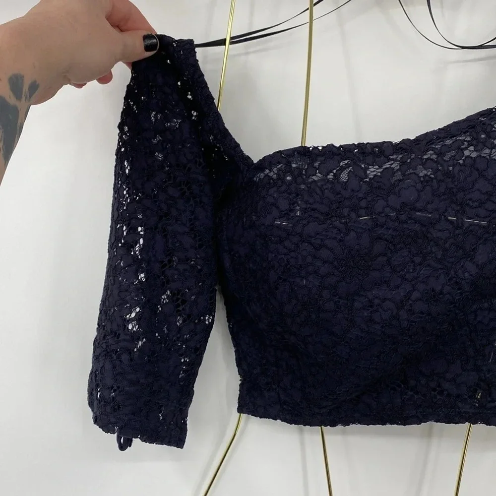 Zara Crop‎ Top Womens Size Small Navy Blue Lace Floral Smocked Square Neckline
